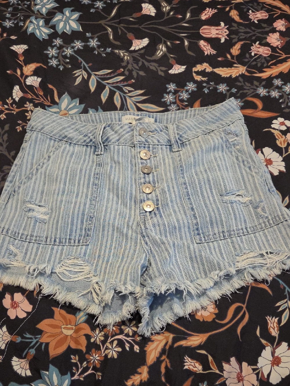 Striped Light Blue High-Rise Denim Shorts with Button Front